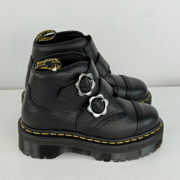 Women's 5 - Dr. Martens Devon Flower Ankle Black Milled Napa Leather Boots - Picture 2 of 8